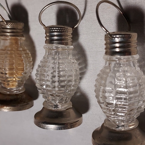 Vintage Pressed Glass Lantern Style Salt & Pepper Shakers Set of Three Metal Lid - Picture 7 of 7